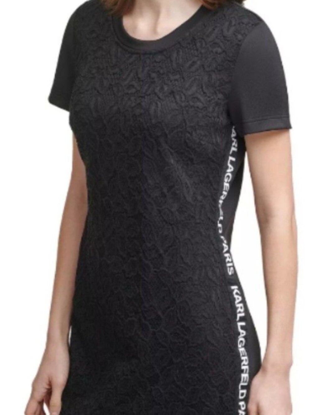Karl Lagerfeld Paris Black Lace Short Sleeve Shift Dress Logo Side Tape Sz L